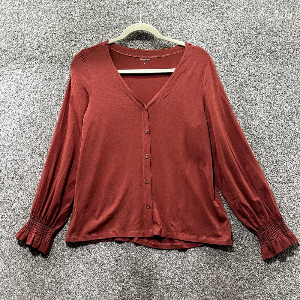 Garnet Hill Laurel Button Front Knit Blouse Top Women XS Long Sleeve V Neck